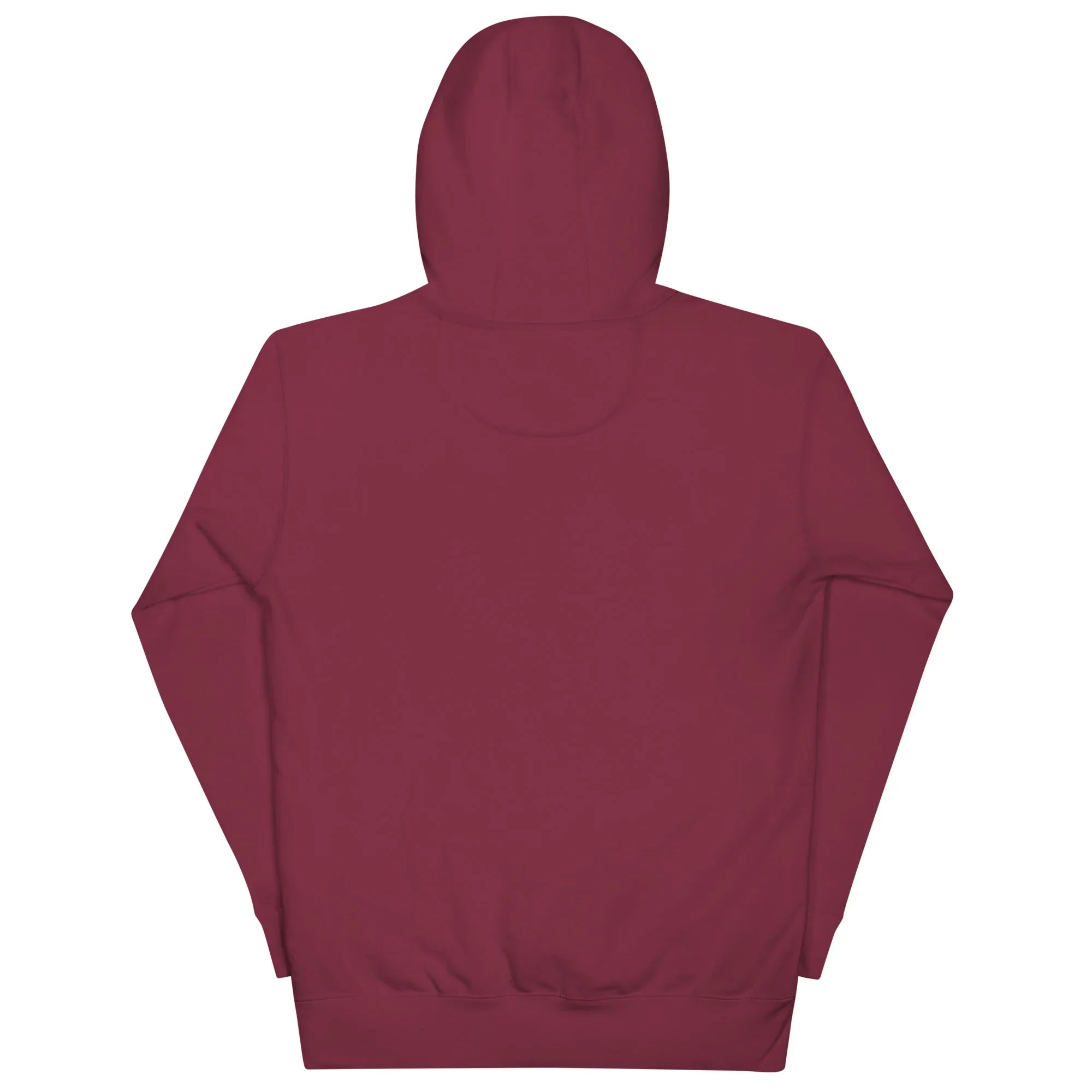 Maroon unisex premium pullover hoodie back view, plain comfortable cotton streetwear