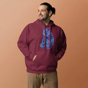 Man wearing maroon unisex premium pullover hoodie with neon psychedelic bear graphic, beige pants, neutral background
