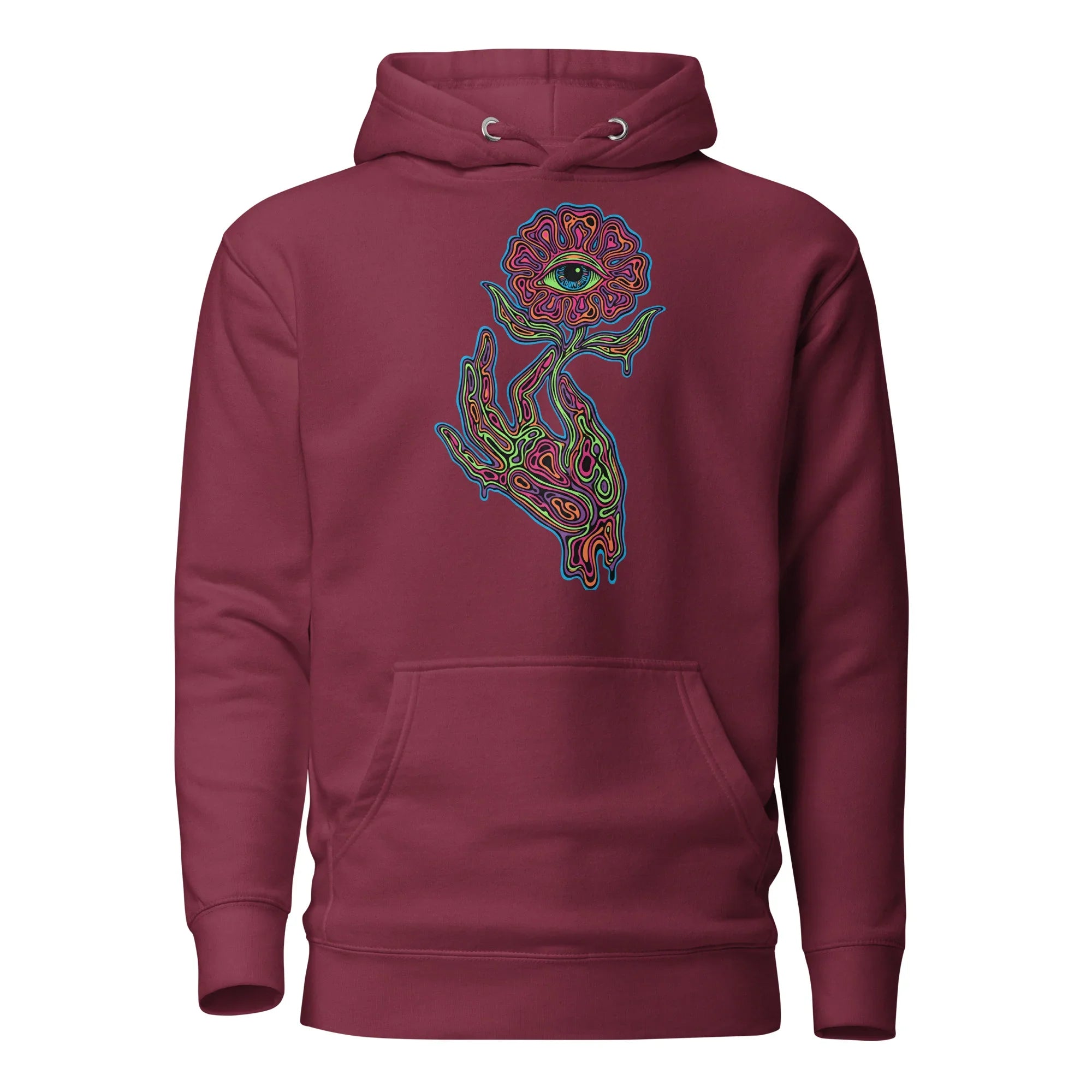 Maroon unisex premium pullover hoodie with psychedelic hand holding flower graphic featuring an eye at the center