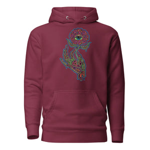 Maroon unisex premium pullover hoodie with psychedelic hand holding flower graphic featuring an eye at the center