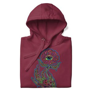Maroon unisex pullover hoodie with psychedelic colorful hand holding flower with an eye design