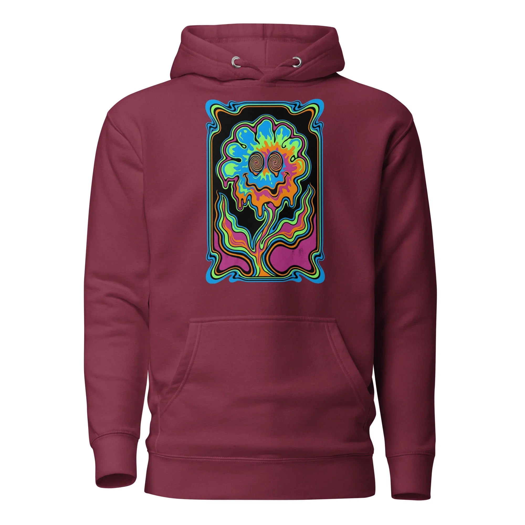 Maroon unisex premium pullover hoodie with vibrant psychedelic neon flower graphic design on front