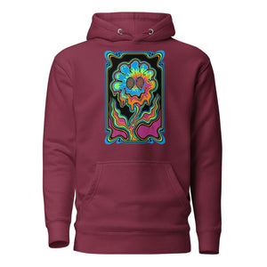 Maroon unisex premium pullover hoodie with vibrant psychedelic neon flower graphic design on front