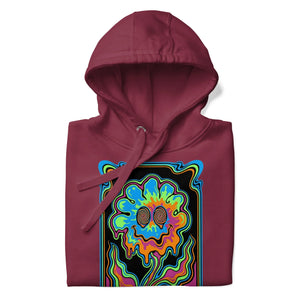 Maroon unisex premium pullover hoodie featuring psychedelic neon flower design with spiral eyes on front