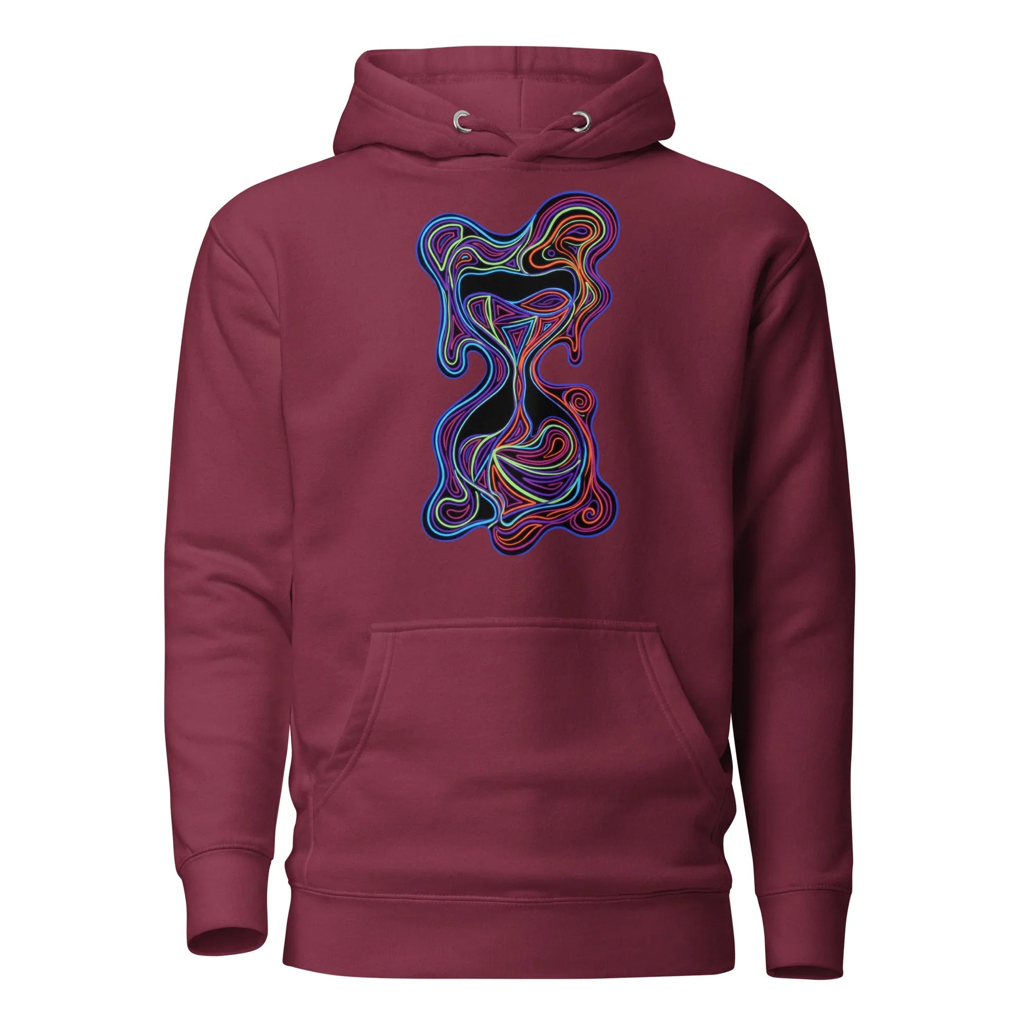 Maroon unisex premium pullover hoodie with colorful psychedelic abstract bear design on front