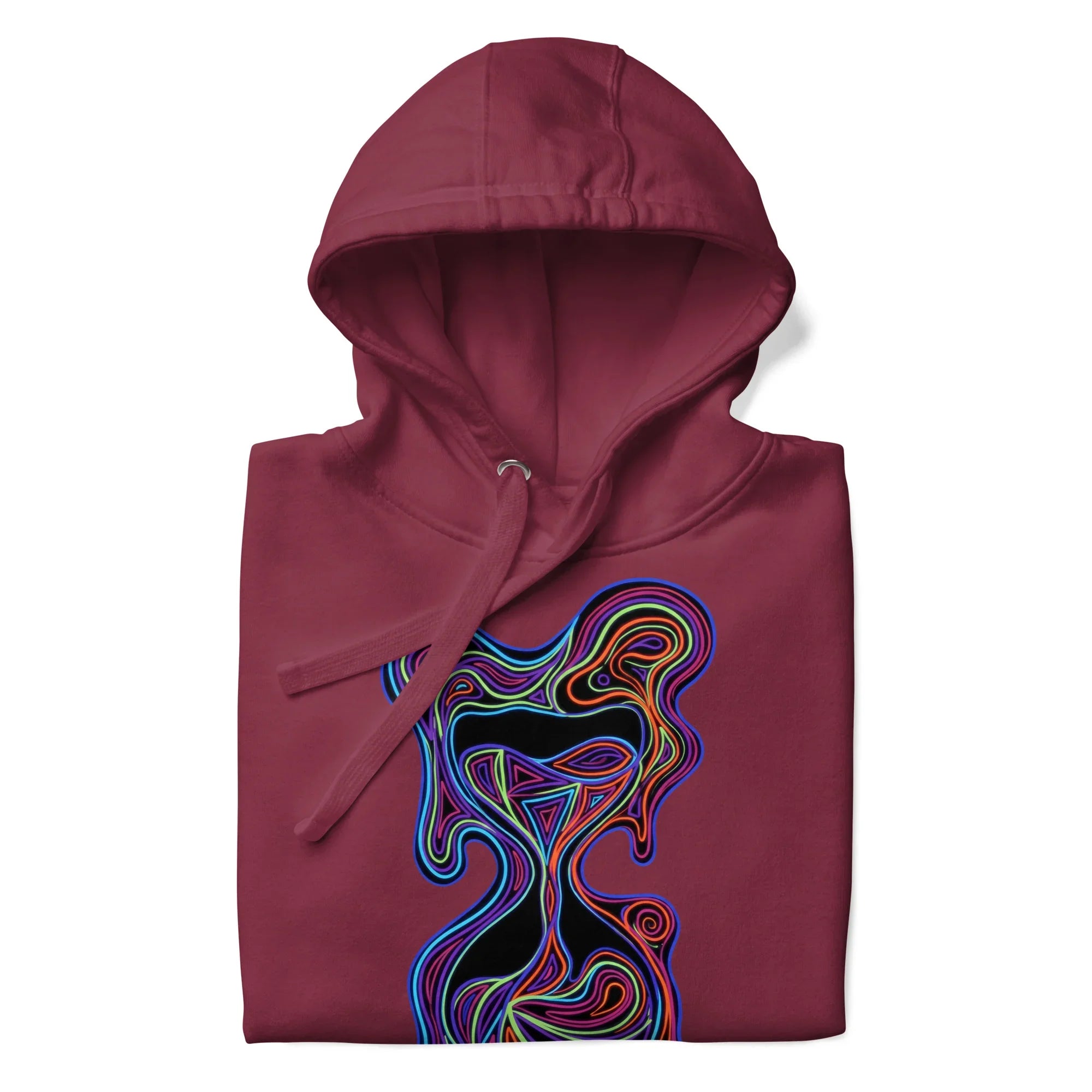 Maroon unisex premium pullover hoodie with vibrant psychedelic neon hourglass design on front