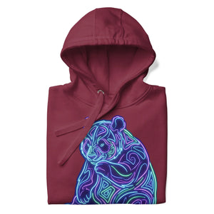 Maroon unisex premium pullover hoodie with neon psychedelic bear design on front