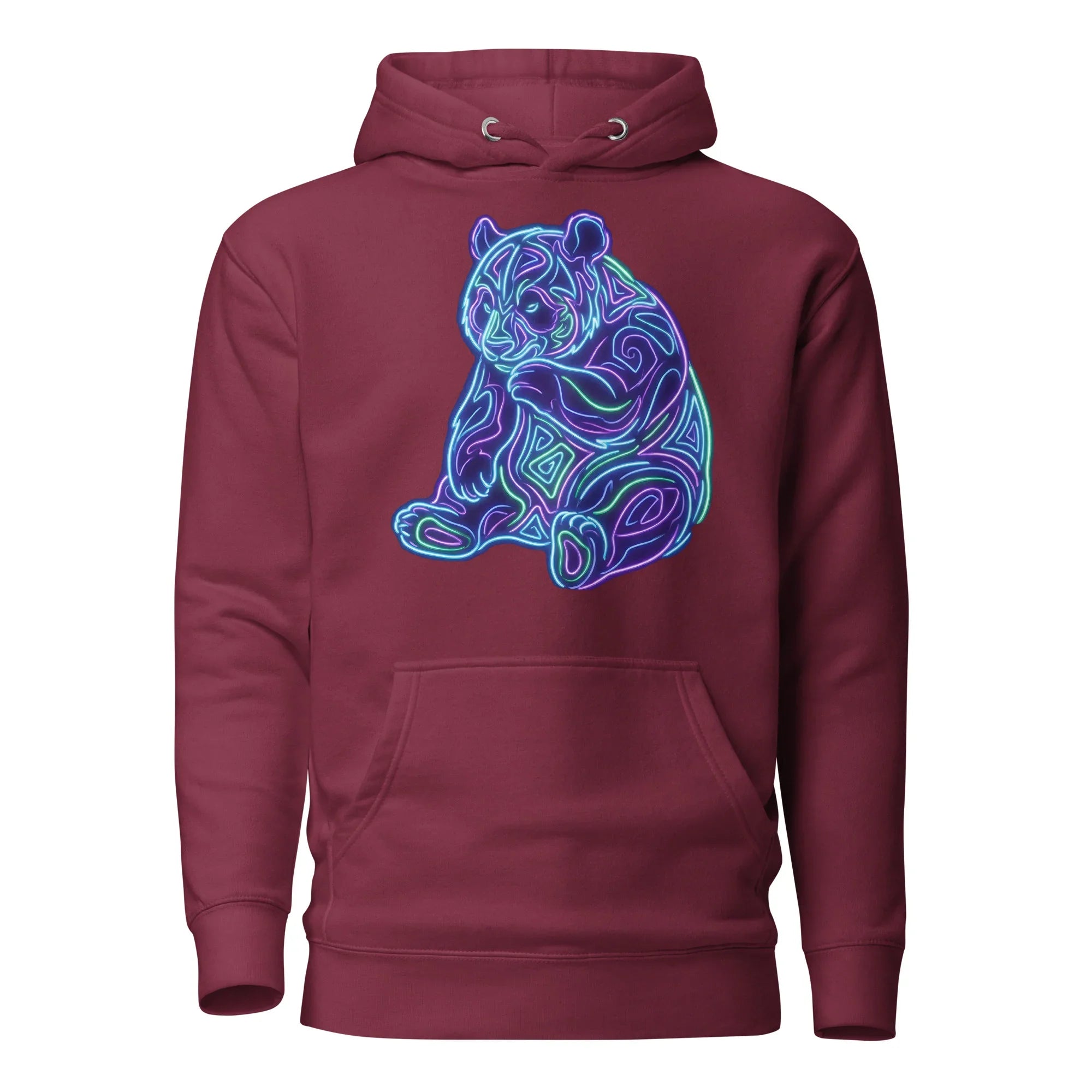 Maroon unisex premium pullover hoodie with neon blue and purple psychedelic bear design