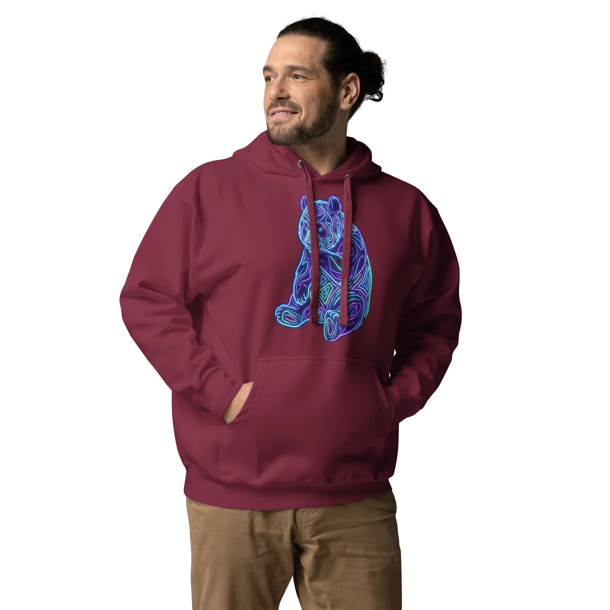 Man wearing maroon unisex premium hoodie with neon psychedelic bear graphic, hands in pocket