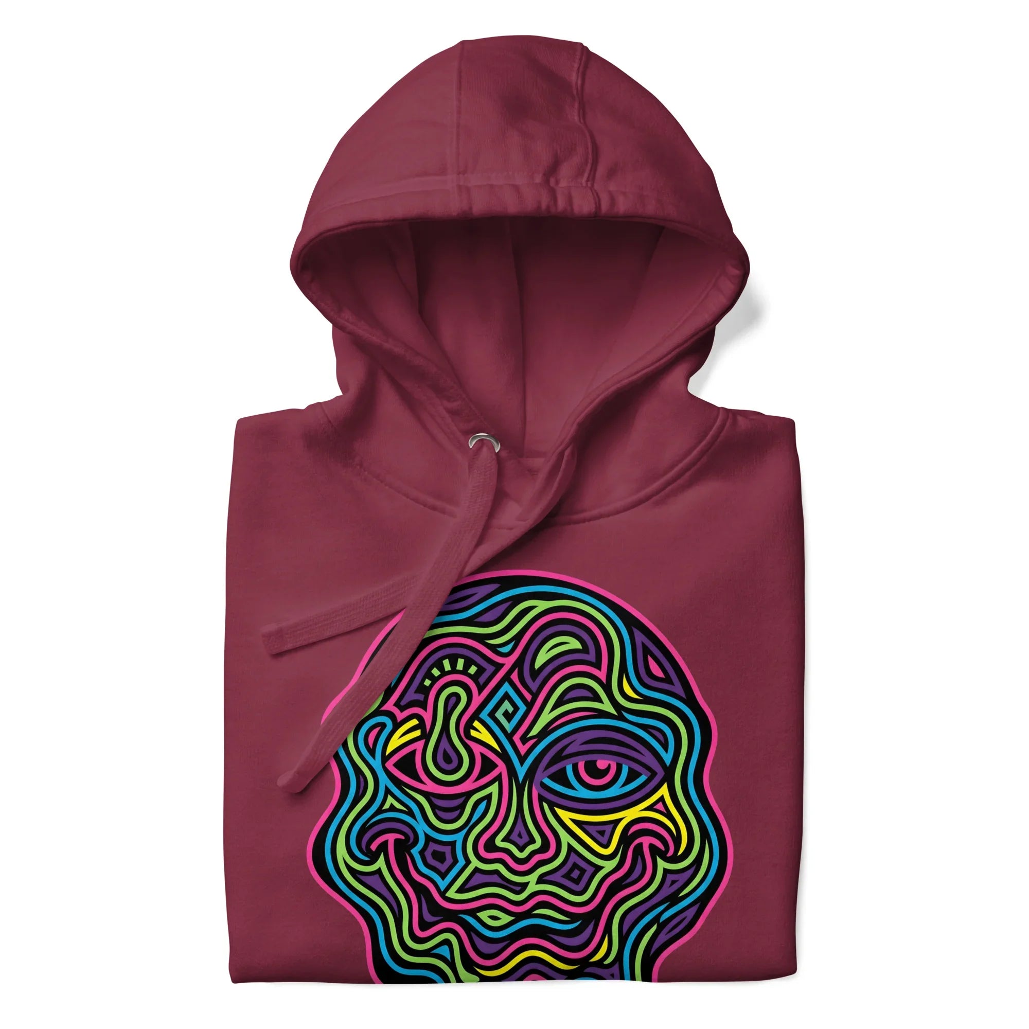 Maroon unisex premium pullover hoodie featuring a vibrant neon psychedelic abstract face design