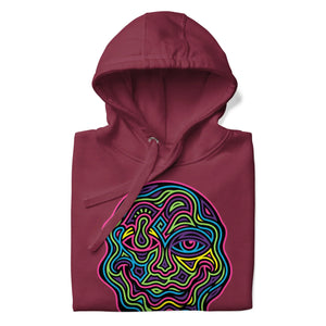 Maroon unisex premium pullover hoodie featuring a vibrant neon psychedelic abstract face design