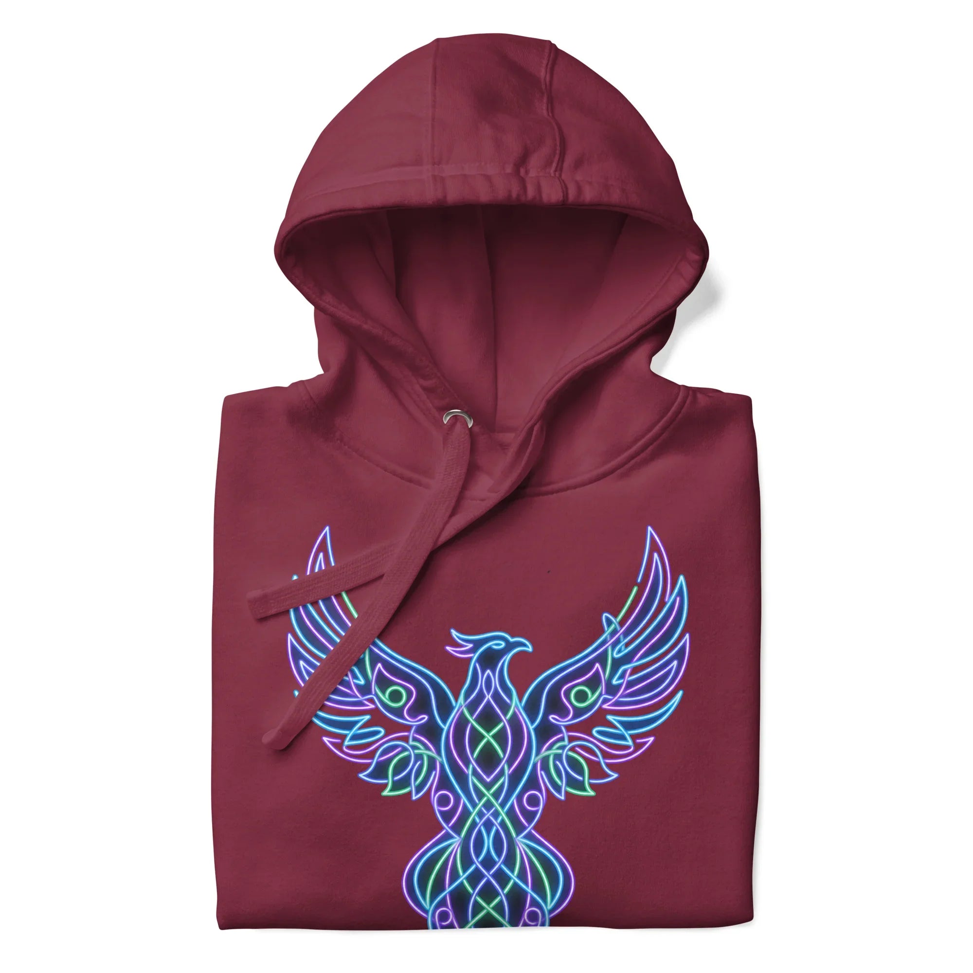 Maroon unisex premium pullover hoodie with neon blue and green phoenix design front