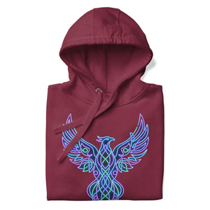 Maroon unisex premium pullover hoodie with neon blue and green phoenix design front