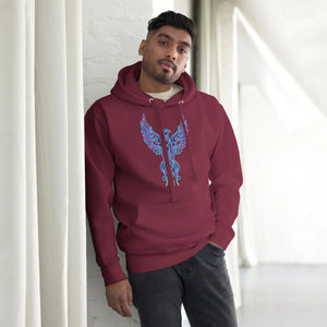 Man wearing maroon unisex premium pullover hoodie with neon blue psychedelic phoenix design, standing indoors