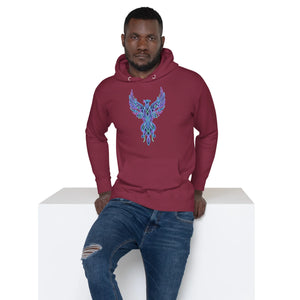 Man wearing maroon unisex pullover hoodie with neon blue and purple phoenix graphic, paired with ripped blue jeans