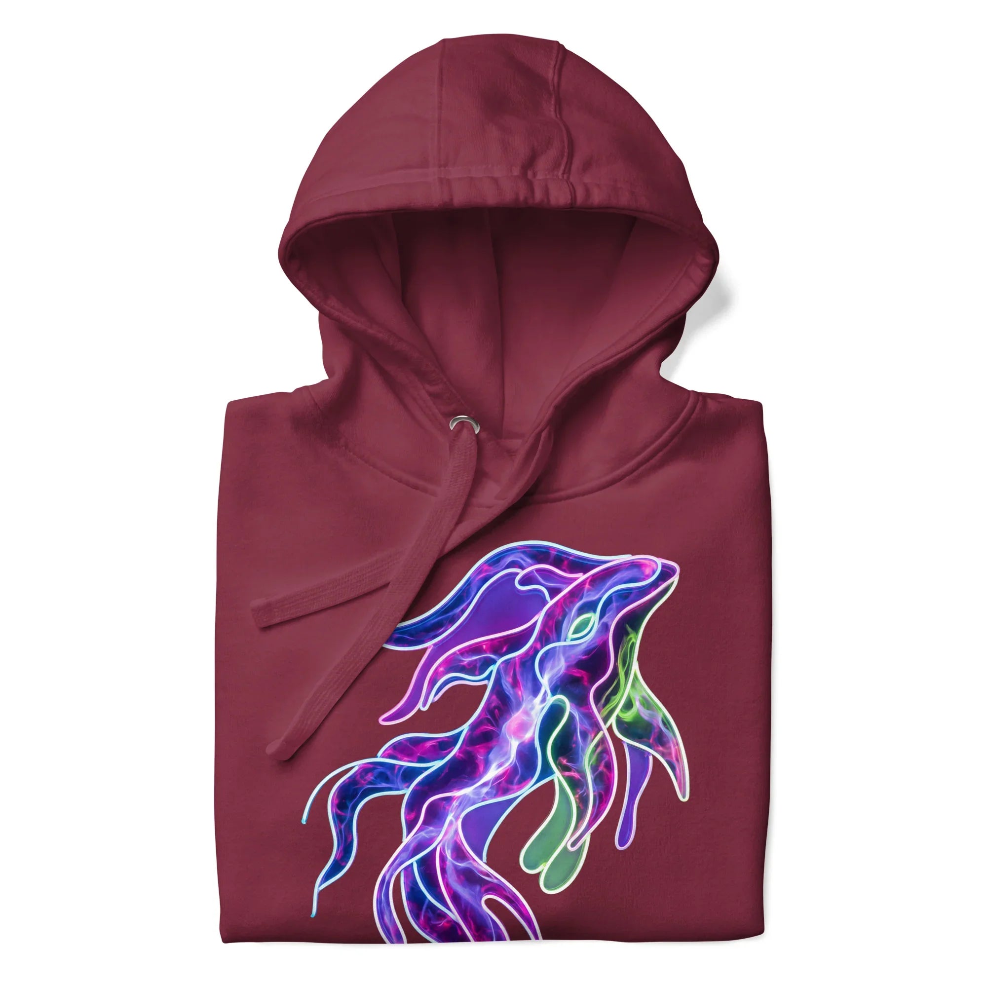 Maroon unisex premium pullover hoodie with vibrant neon abstract squid design