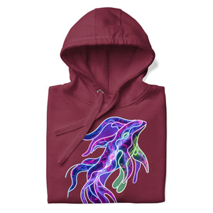 Maroon unisex premium pullover hoodie with vibrant neon abstract squid design