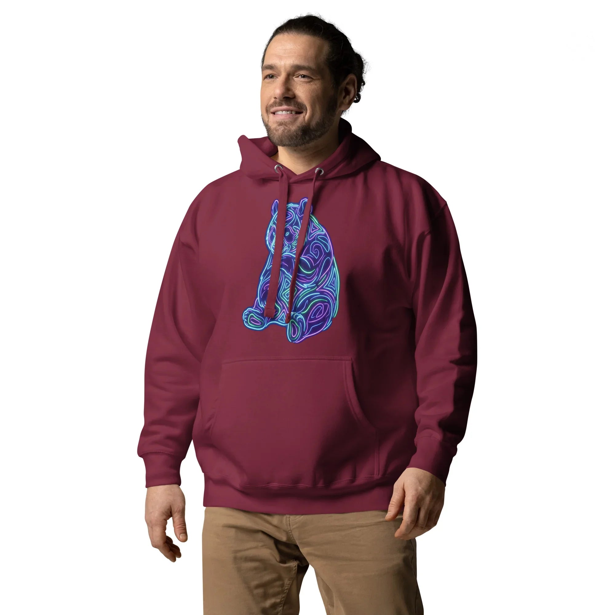 Man wearing maroon unisex premium pullover hoodie with neon psychedelic-style bear graphic on front