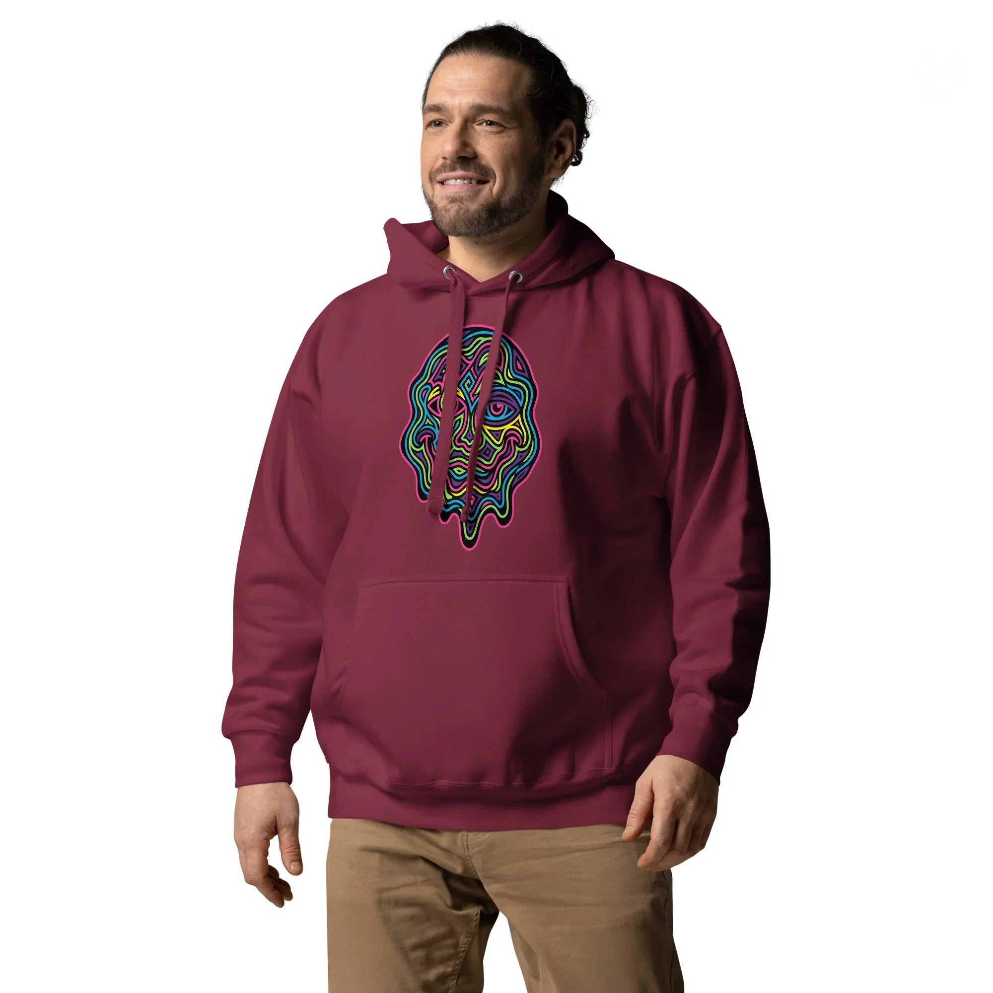 Man wearing maroon pullover hoodie with colorful psychedelic melting face design, paired with khaki pants