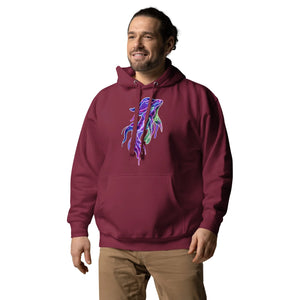 Man wearing maroon unisex premium pullover hoodie with vibrant psychedelic blue and green abstract design on front