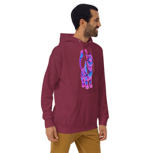 Man wearing maroon unisex pullover hoodie with neon blue and purple cat graphic, beige pants