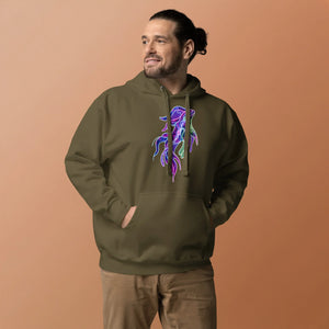 Man wearing military green unisex premium hoodie with vibrant psychedelic neon squid design, beige pants