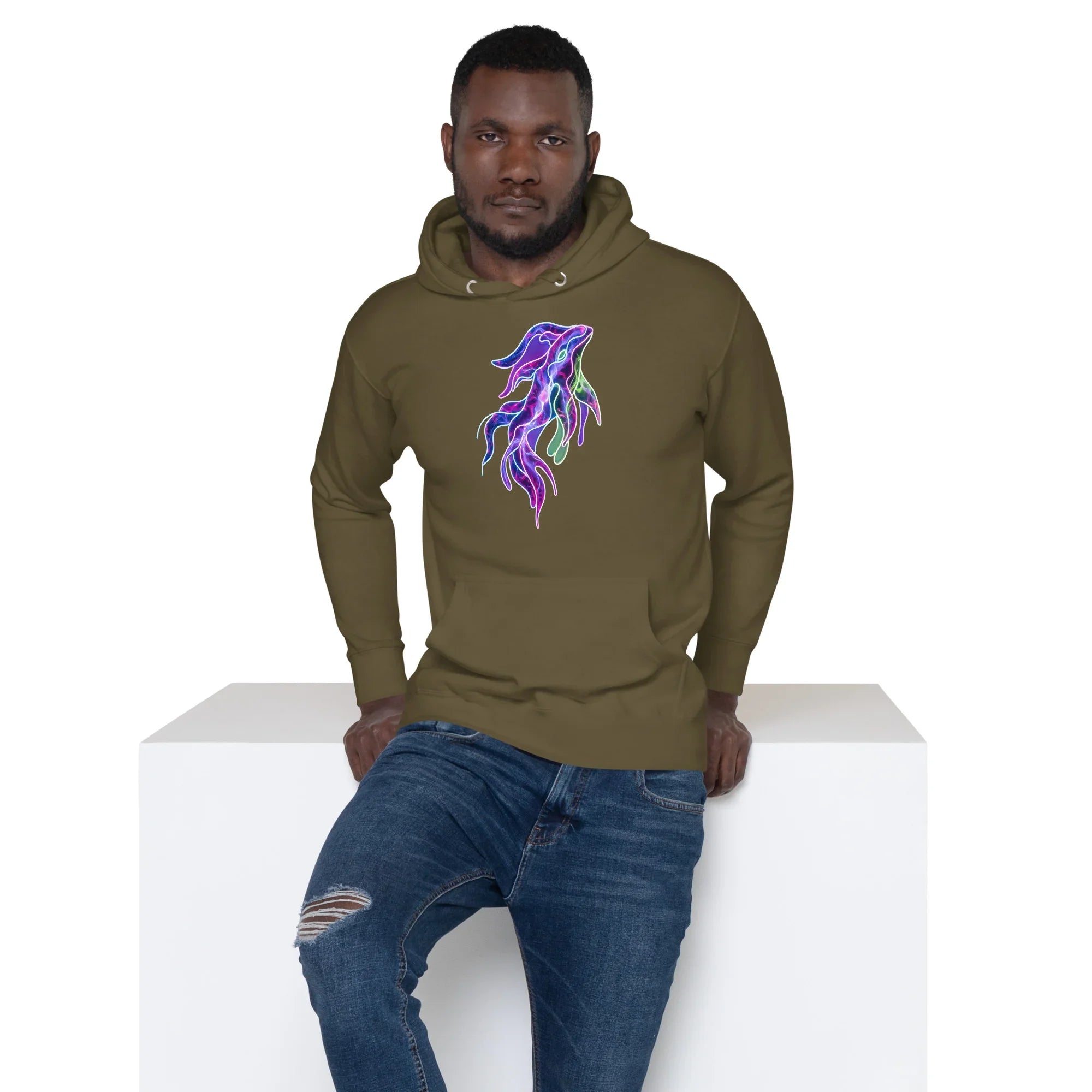 Man wearing military green premium pullover hoodie with vibrant psychedelic jellyfish design, paired with ripped blue jeans.