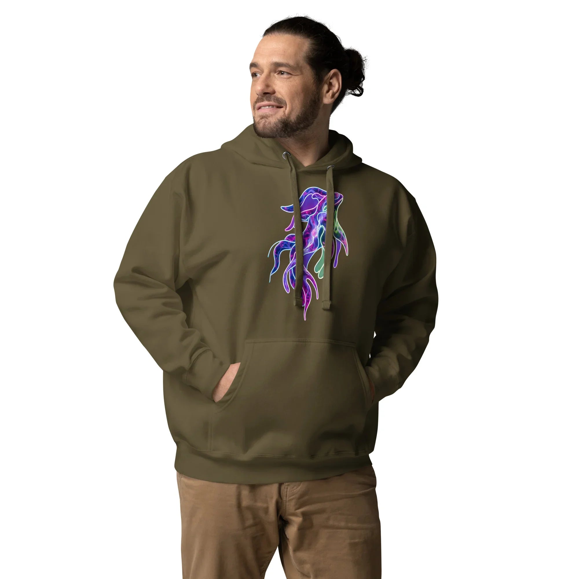 Man wearing military green unisex hoodie with vibrant neon psychedelic octopus design, styled with casual pants