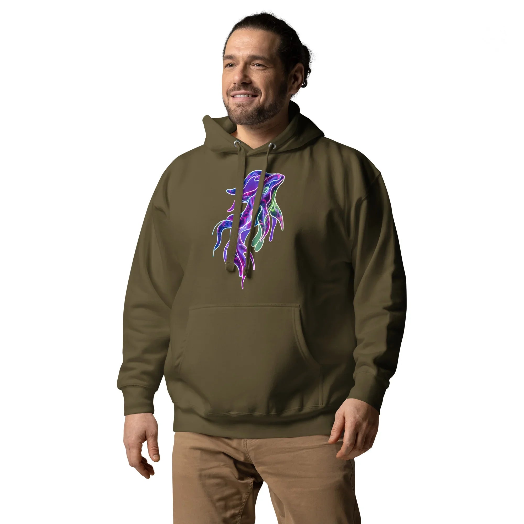 Unisex premium pullover hoodie in military green with vibrant psychedelic abstract design, worn by smiling man