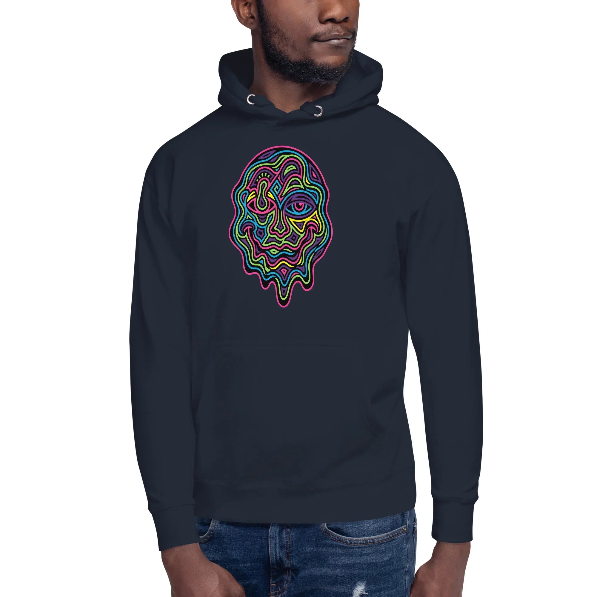 Man wearing navy pullover hoodie with colorful neon psychedelic abstract face design