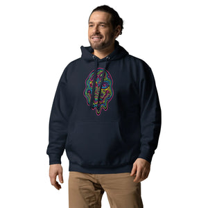 Man wearing navy blue unisex premium pullover hoodie with colorful psychedelic face art, styled with tan pants