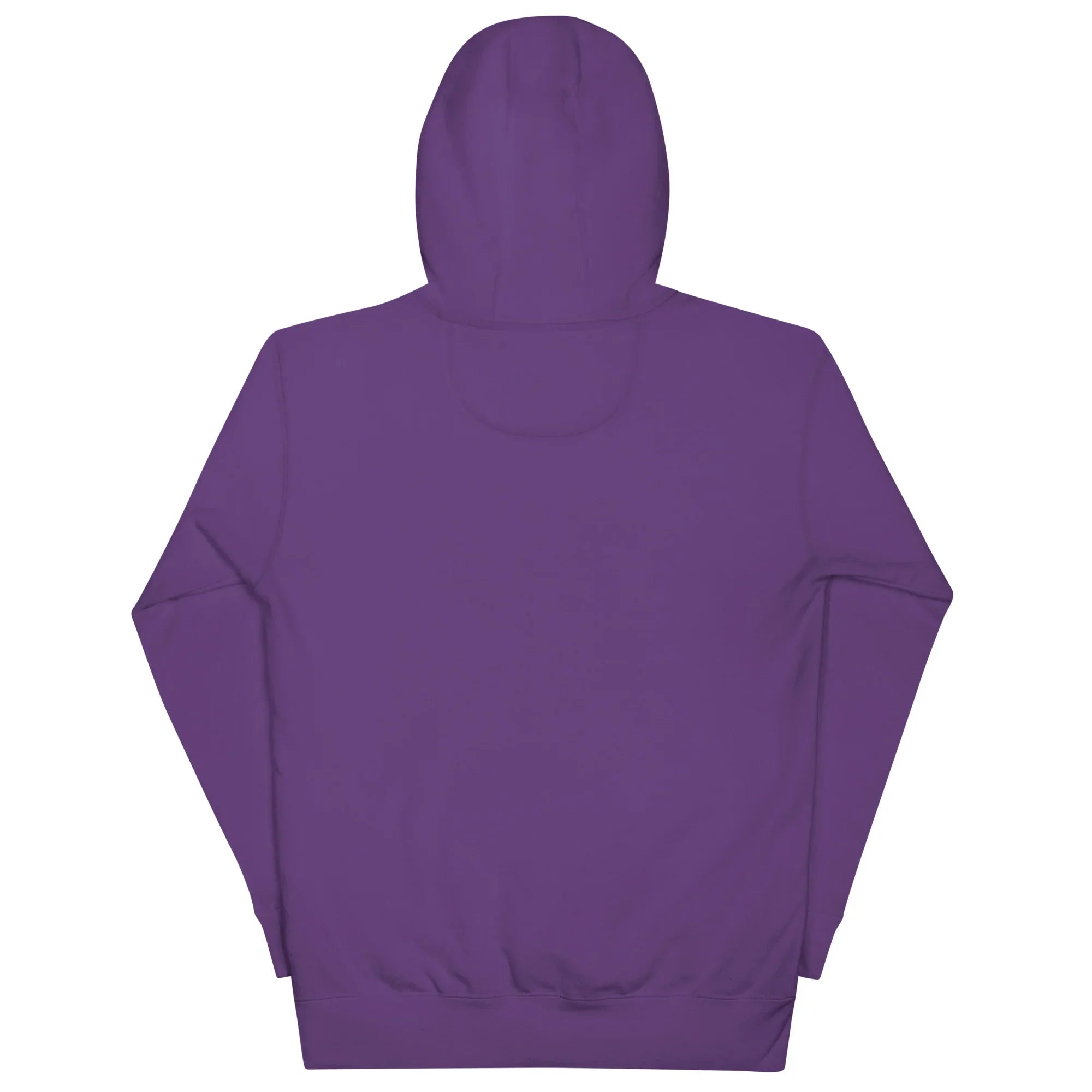 Back view of unisex premium purple pullover hoodie with hood and long sleeves