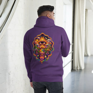 Man wearing purple unisex premium pullover hoodie with vibrant psychedelic eye and nature art on back