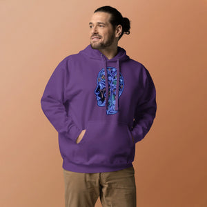 Man wearing purple unisex hoodie with neon psychedelic brain art design, tan pants, beige background