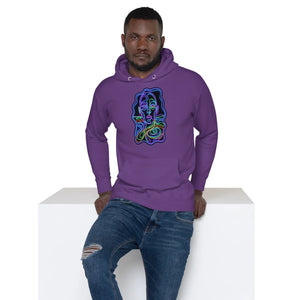 Man wearing purple unisex premium pullover hoodie with colorful psychedelic abstract face design, paired with ripped blue jeans