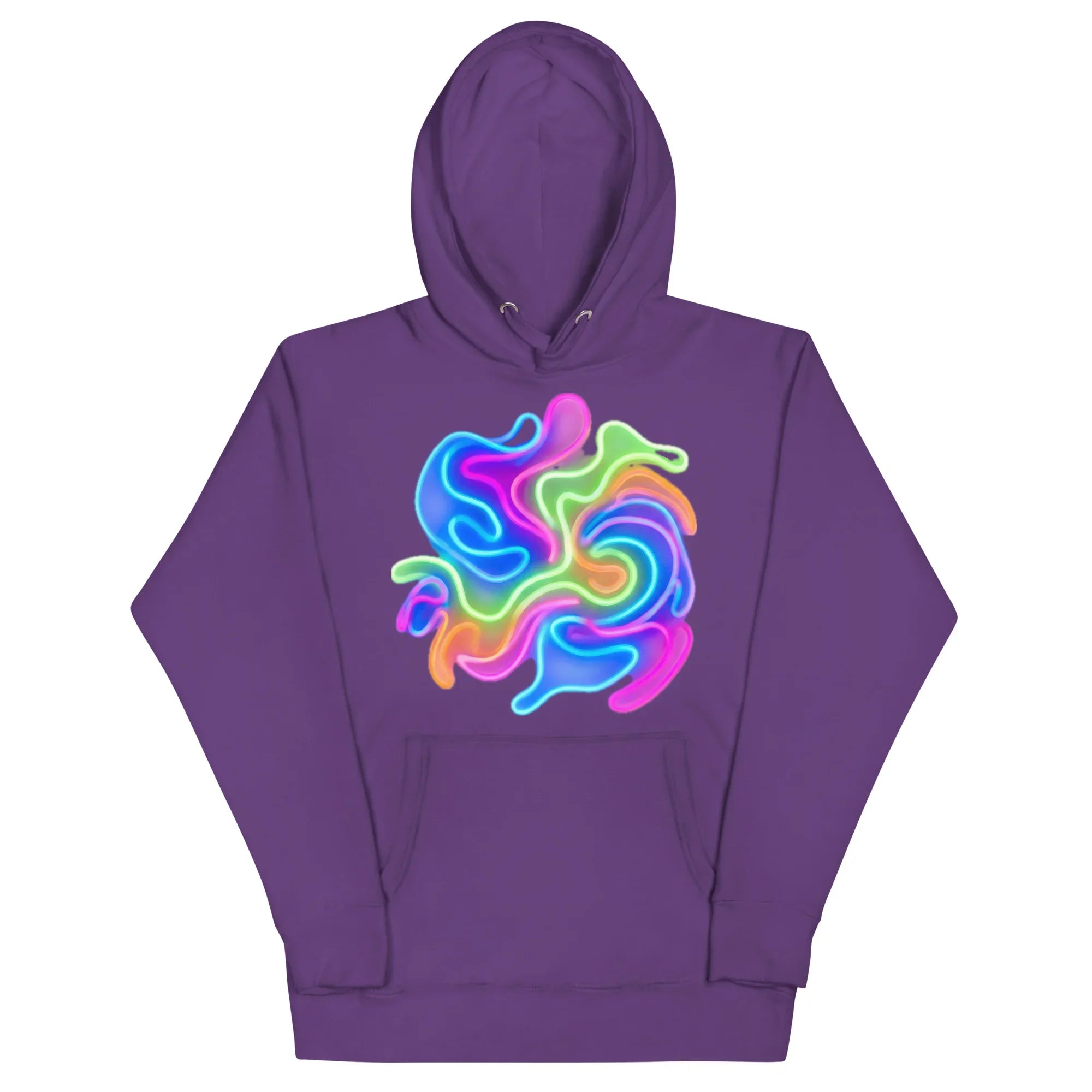 Purple unisex premium pullover hoodie with bright neon psychedelic swirl design on front