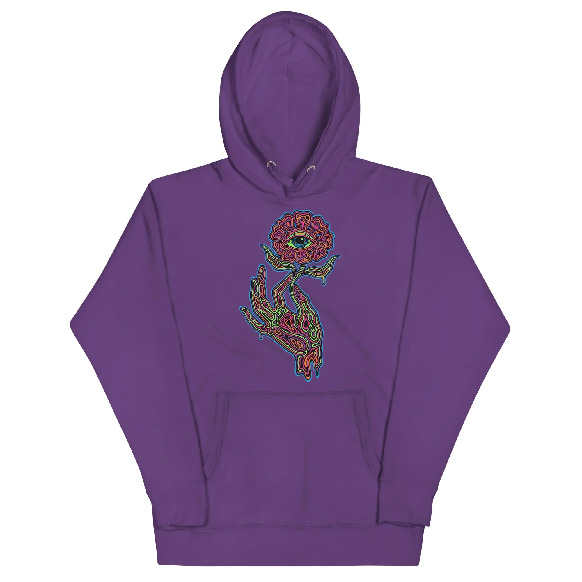 Purple unisex premium pullover hoodie with psychedelic neon art of a hand holding a flower with an eye at the center