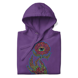 Purple unisex premium pullover hoodie with psychedelic eye flower and neon hand graphic design