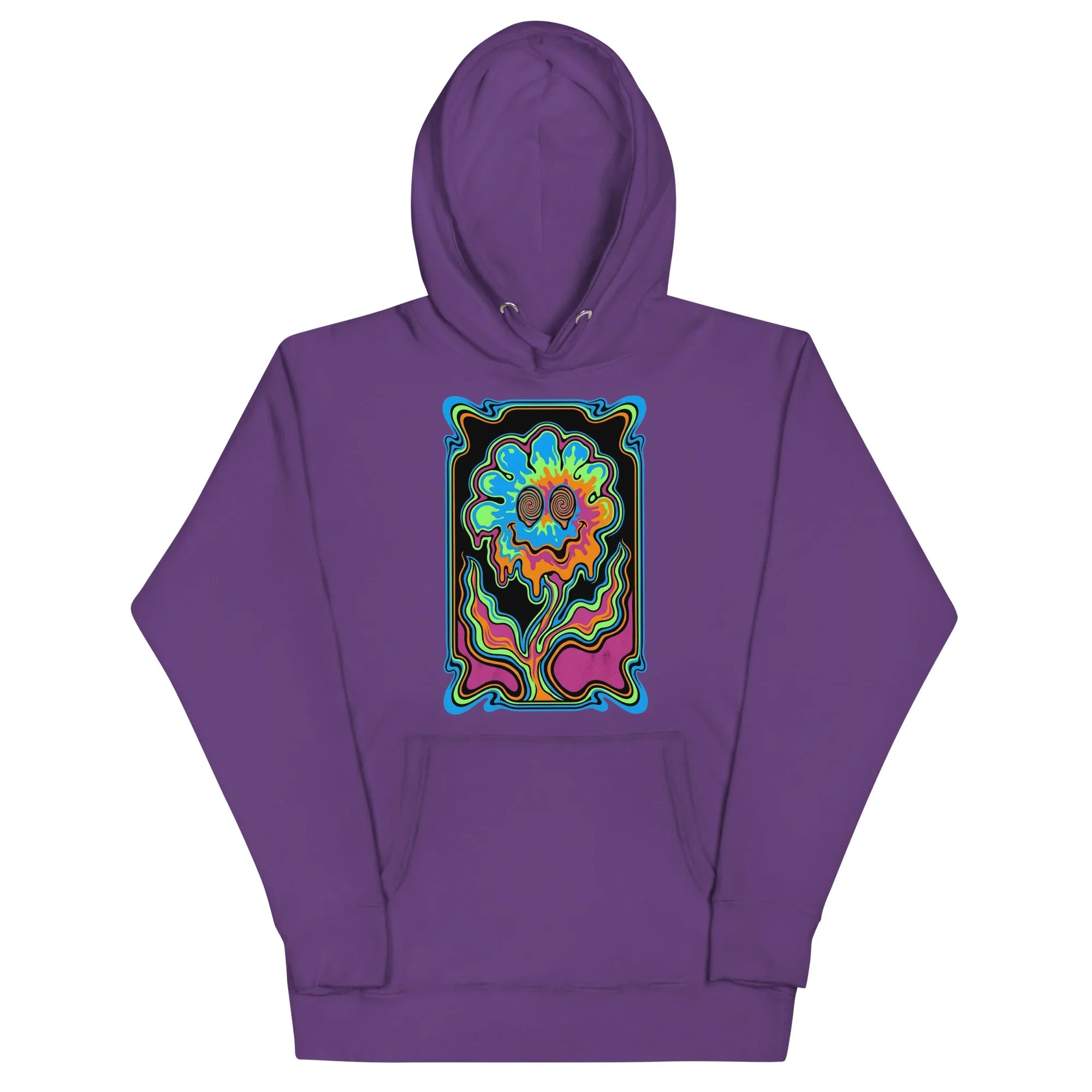 Purple unisex premium pullover hoodie with vibrant psychedelic flower graphic and spiral eyes