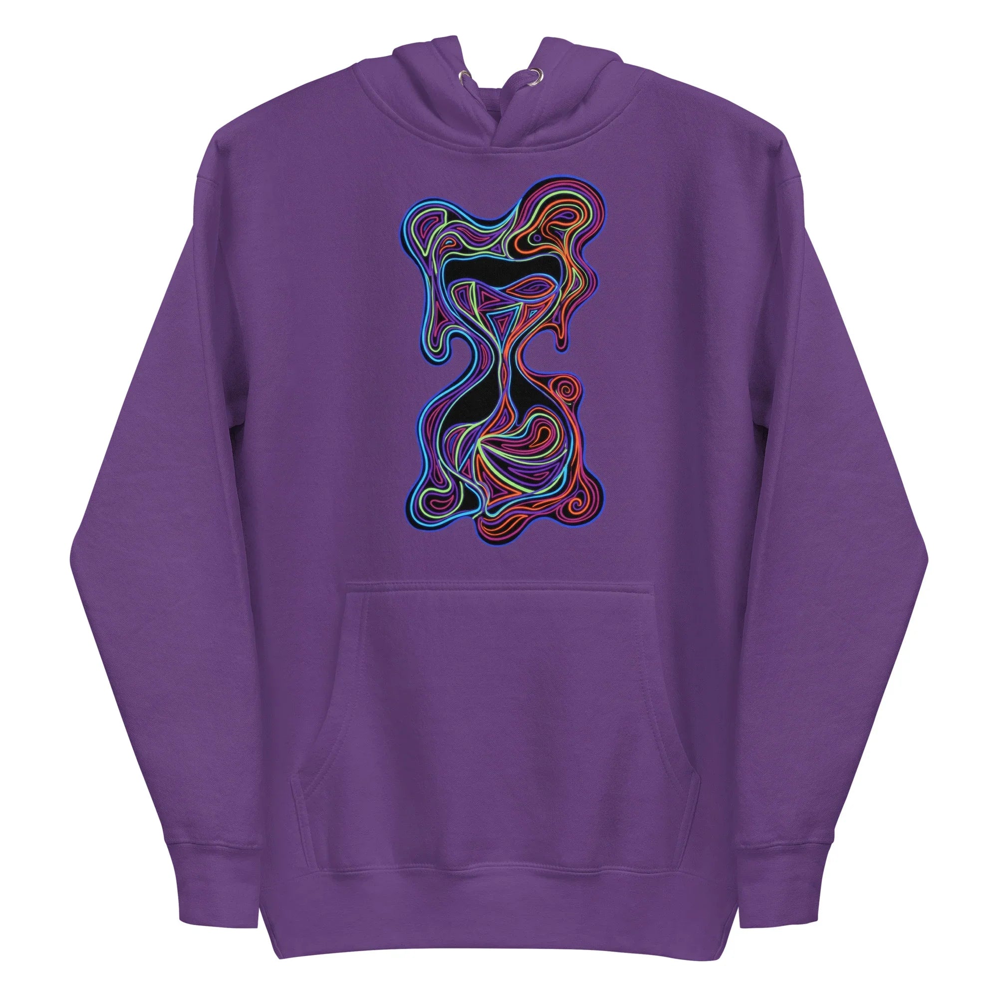 Purple unisex premium pullover hoodie with a vibrant psychedelic abstract hourglass design on the front