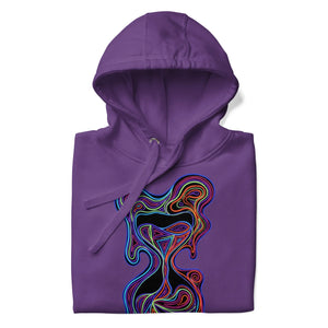 Purple unisex premium pullover hoodie with vibrant psychedelic hourglass neon design on front, streetwear style