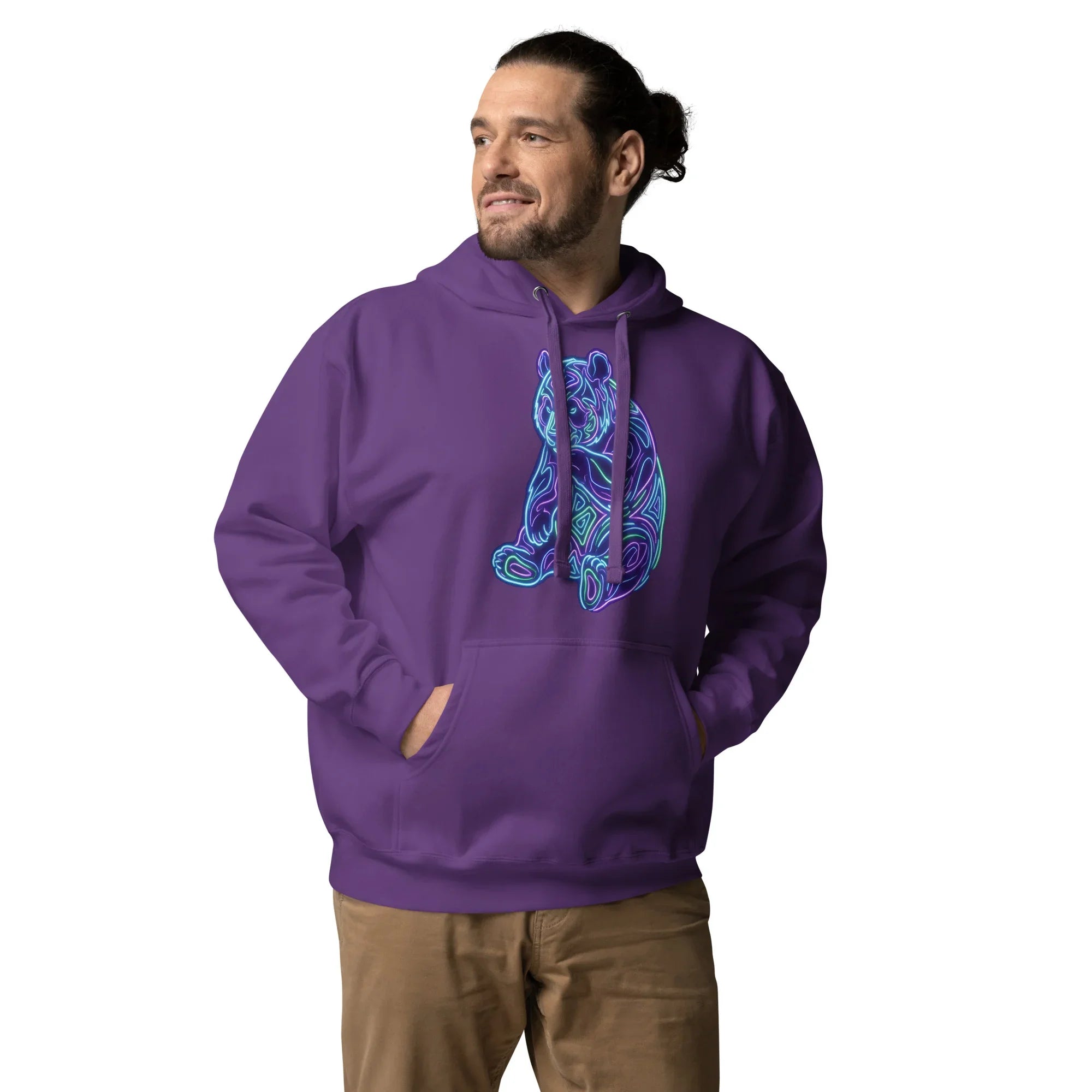 Man wearing purple pullover hoodie with neon psychedelic bear design and front pocket