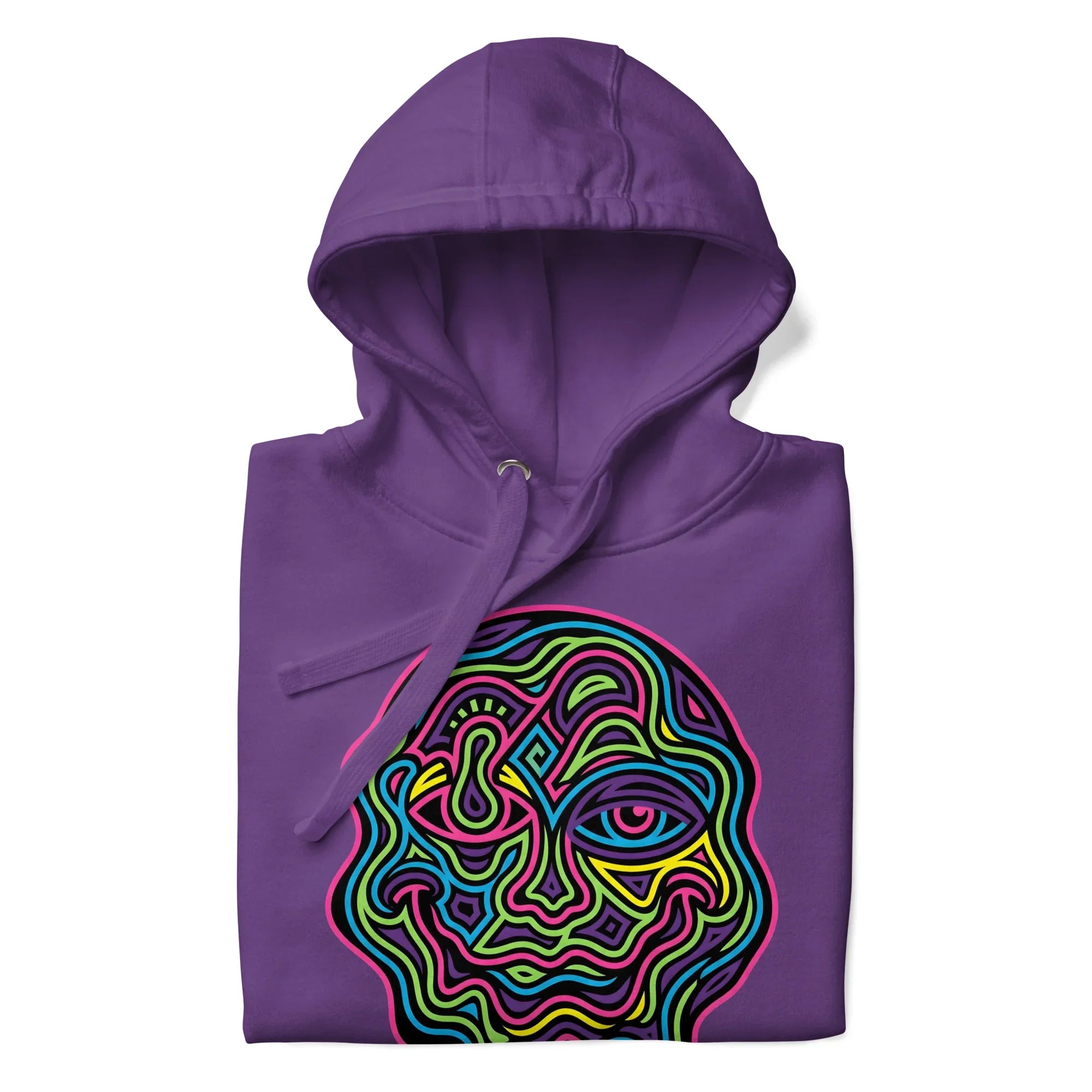 Purple unisex premium pullover hoodie with vibrant psychedelic neon abstract face design on front