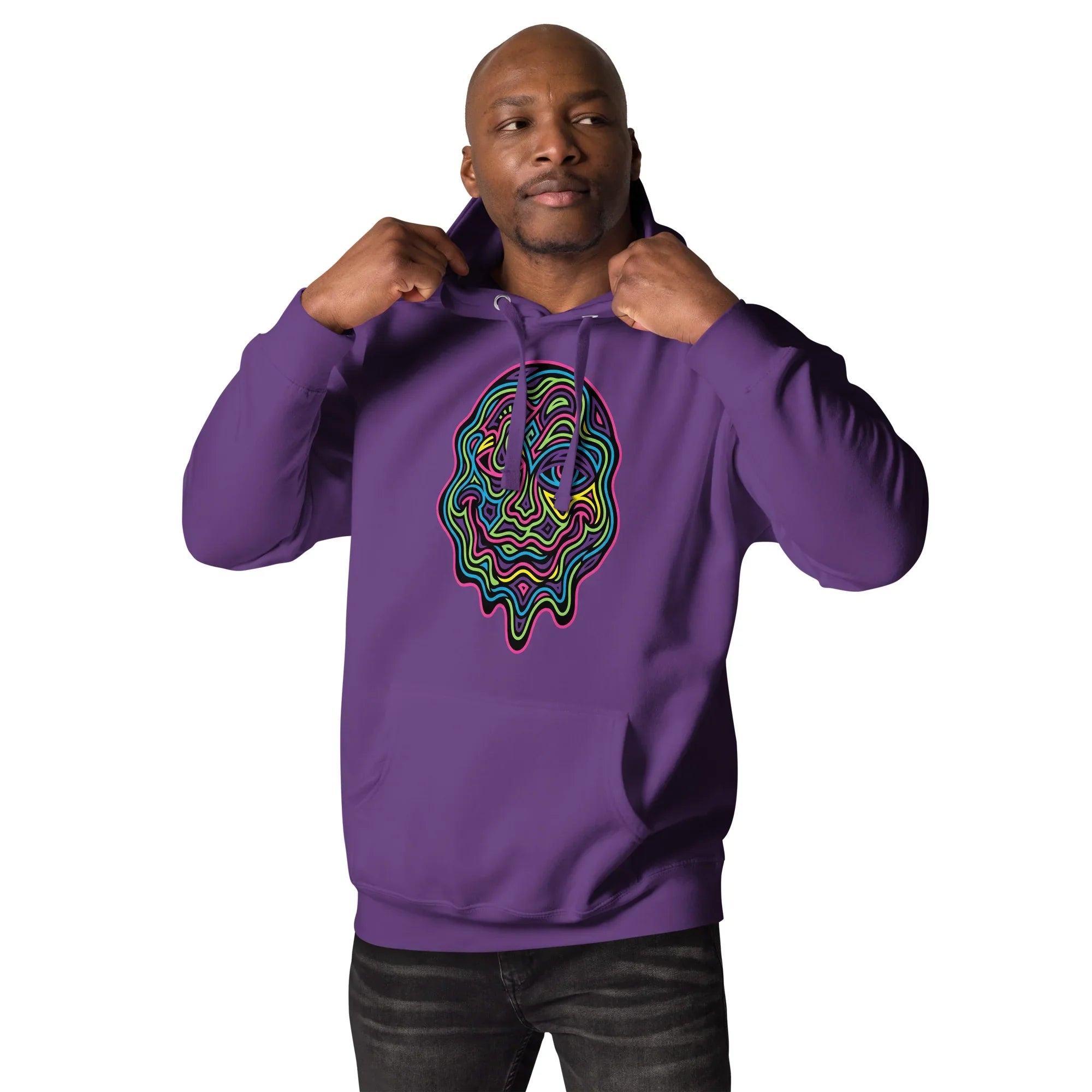Man wearing unisex premium purple pullover hoodie with neon psychedelic abstract face design