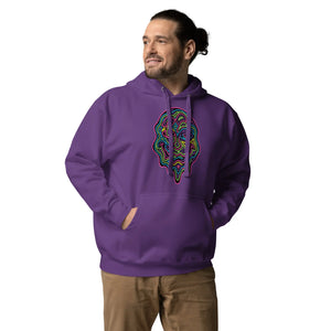Man wearing purple unisex premium hoodie with colorful psychedelic abstract face design, paired with tan pants