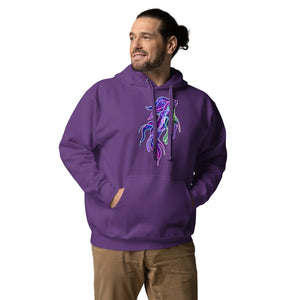 Man wearing purple unisex premium pullover hoodie with vibrant neon psychedelic abstract design