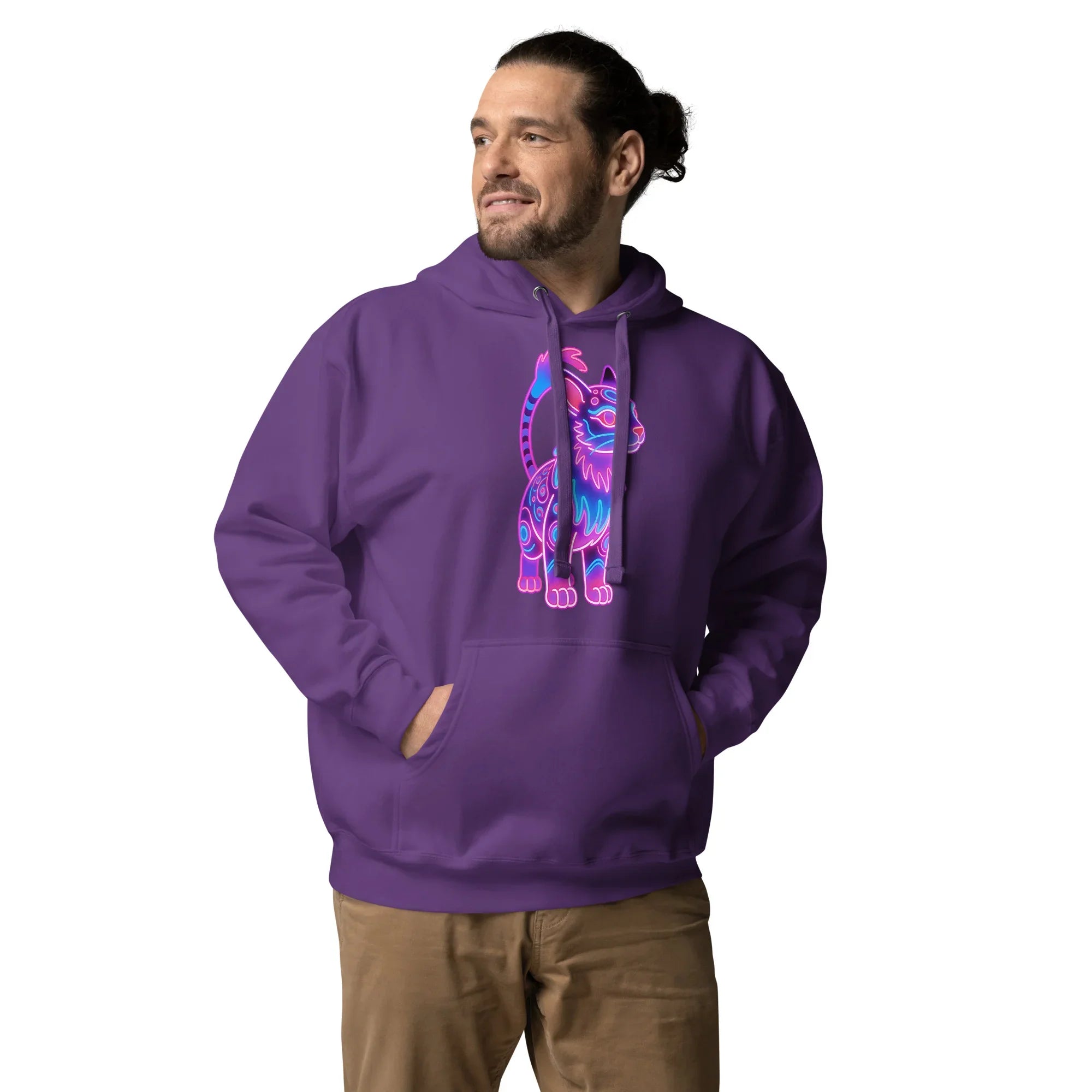 Man wearing purple pullover hoodie with neon blue and pink cat design and front pocket