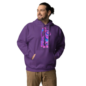 Man wearing purple pullover hoodie with neon blue and pink cat design and front pocket