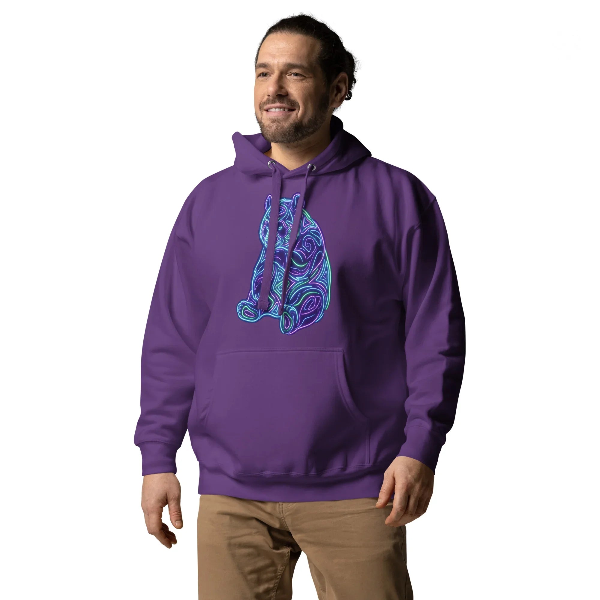 Man wearing purple unisex premium pullover hoodie with neon blue and green psychedelic bear design from Mad Lad Designs