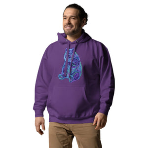 Man wearing purple unisex premium pullover hoodie with neon blue and green psychedelic bear design from Mad Lad Designs